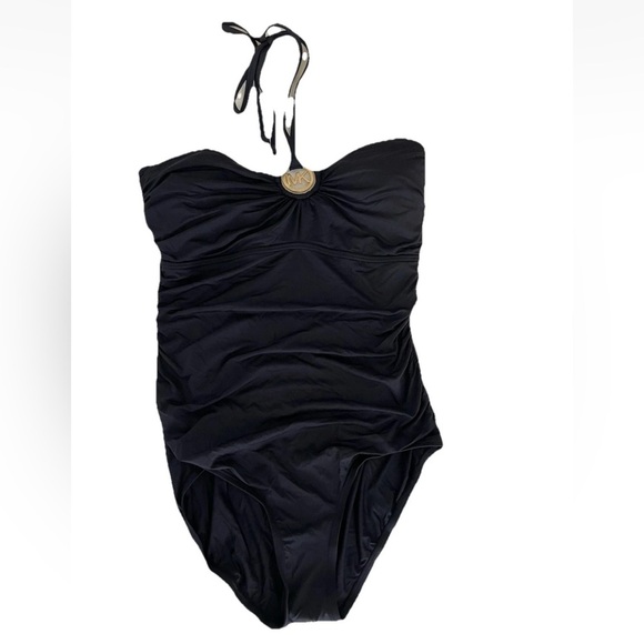 Michael Kors Black Halter Logo MK One Piece Ruched Swimsuit Sz 12 Large Bandeau - Picture 4 of 10